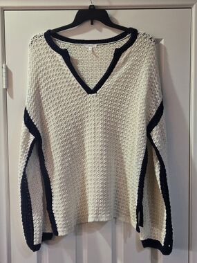 Maurices Cream Open-Knit V-Neck Sweater with Black Trim, XXL